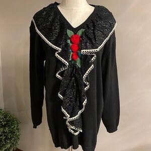 VTG black Shell Kepler Lace ruffle Velvet Rose embellished sweater cotton L